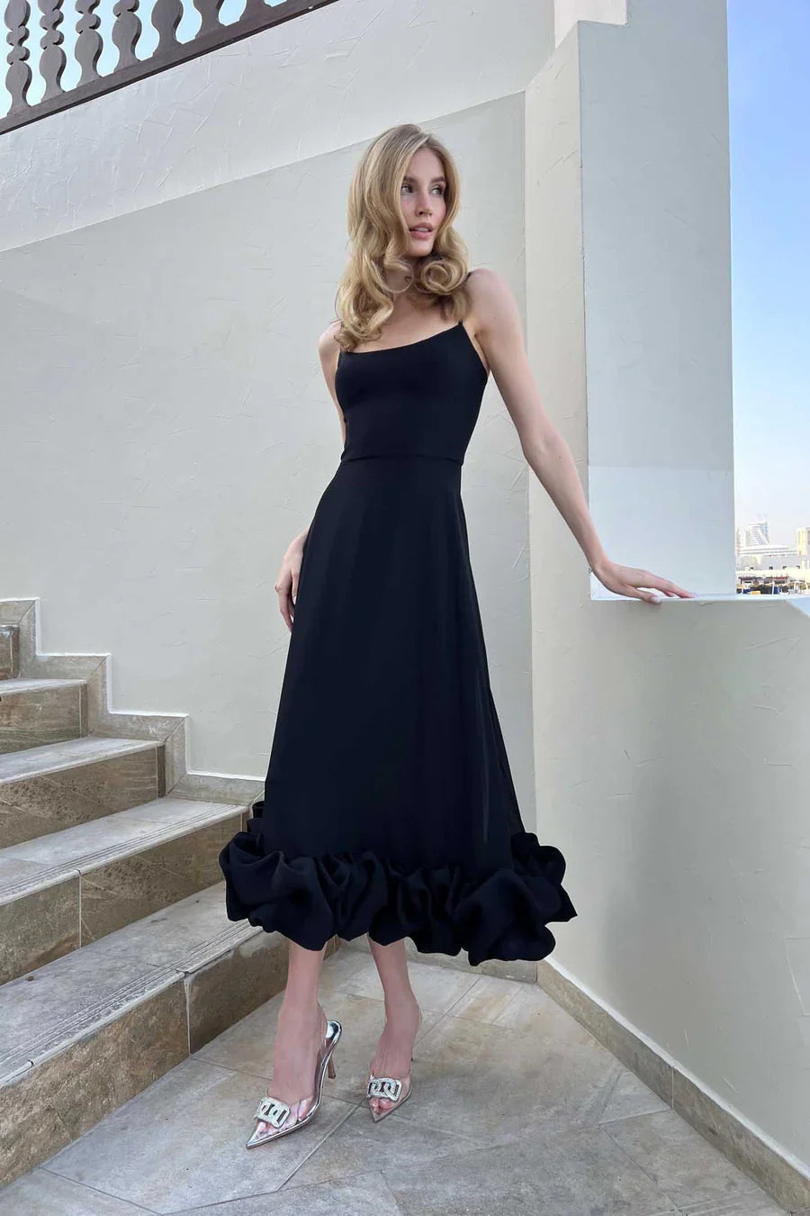 Elegant Black Ruffle Midi Dress 1