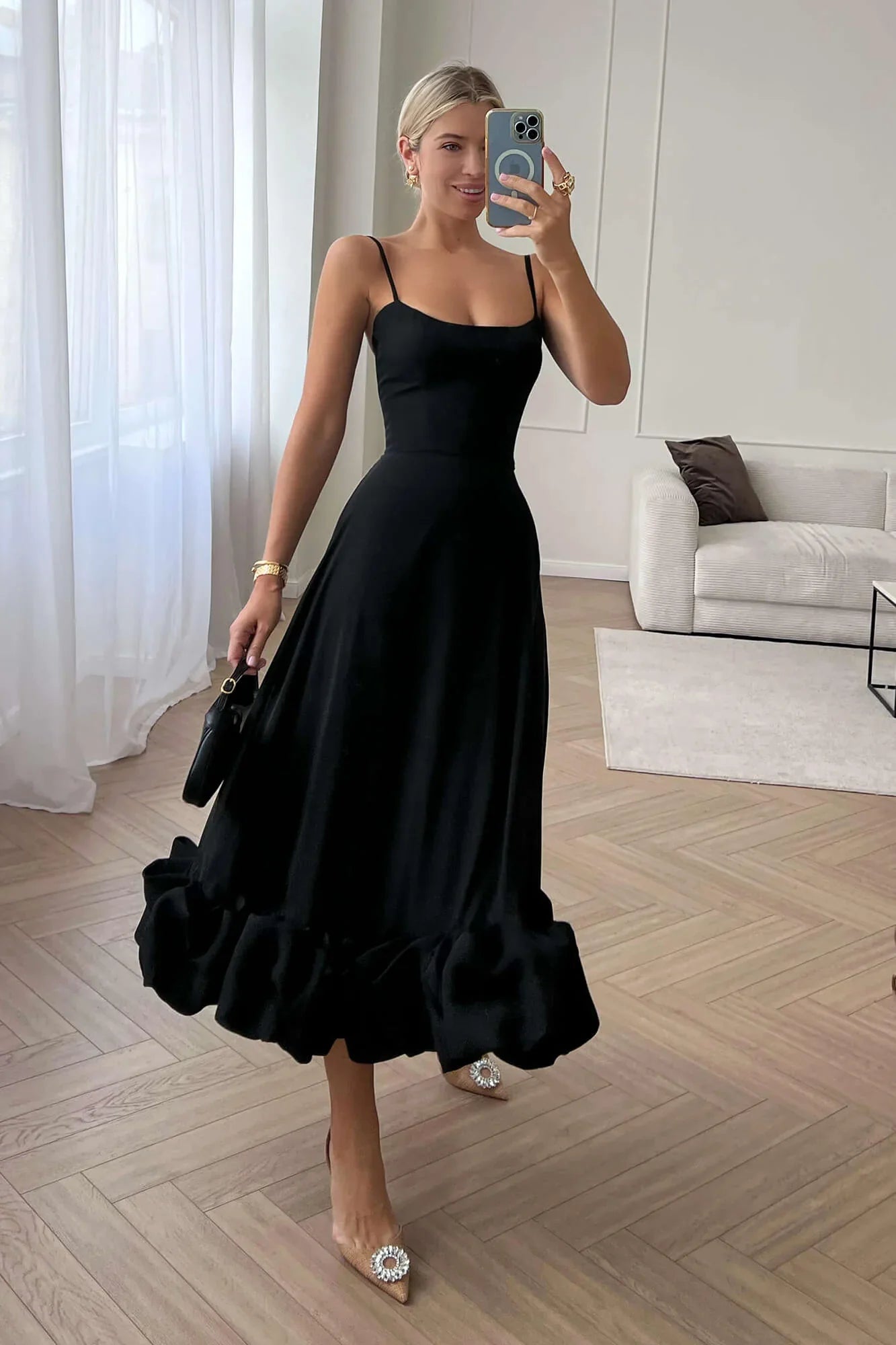 Elegant Black Ruffle Midi Dress 2