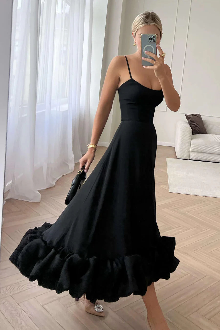Elegant Black Ruffle Midi Dress 3