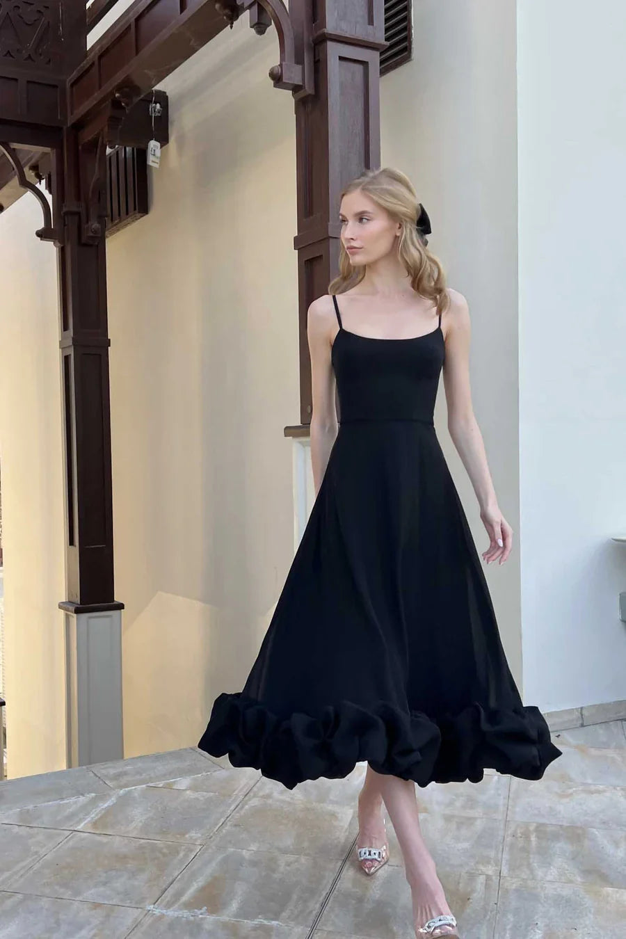 Elegant Black Ruffle Midi Dress 4