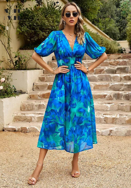 Elegant Floral Midi Dress with Puff Sleeves 10