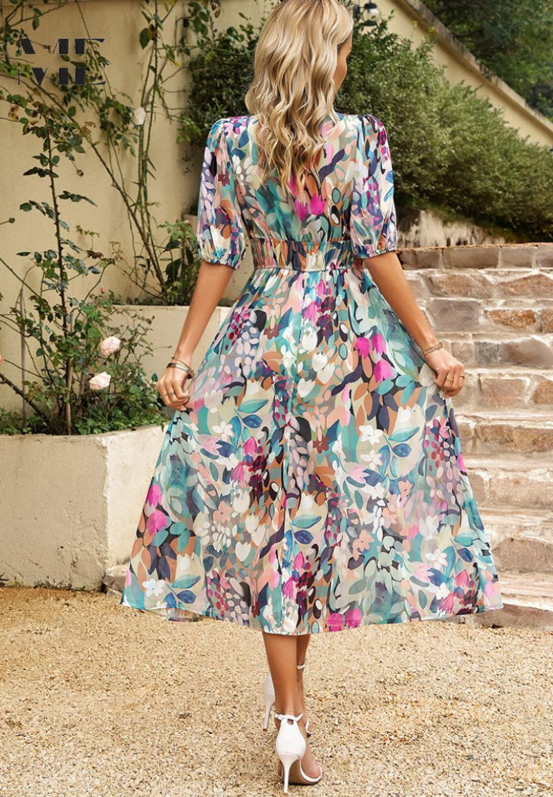 Elegant Floral Midi Dress with Puff Sleeves 2