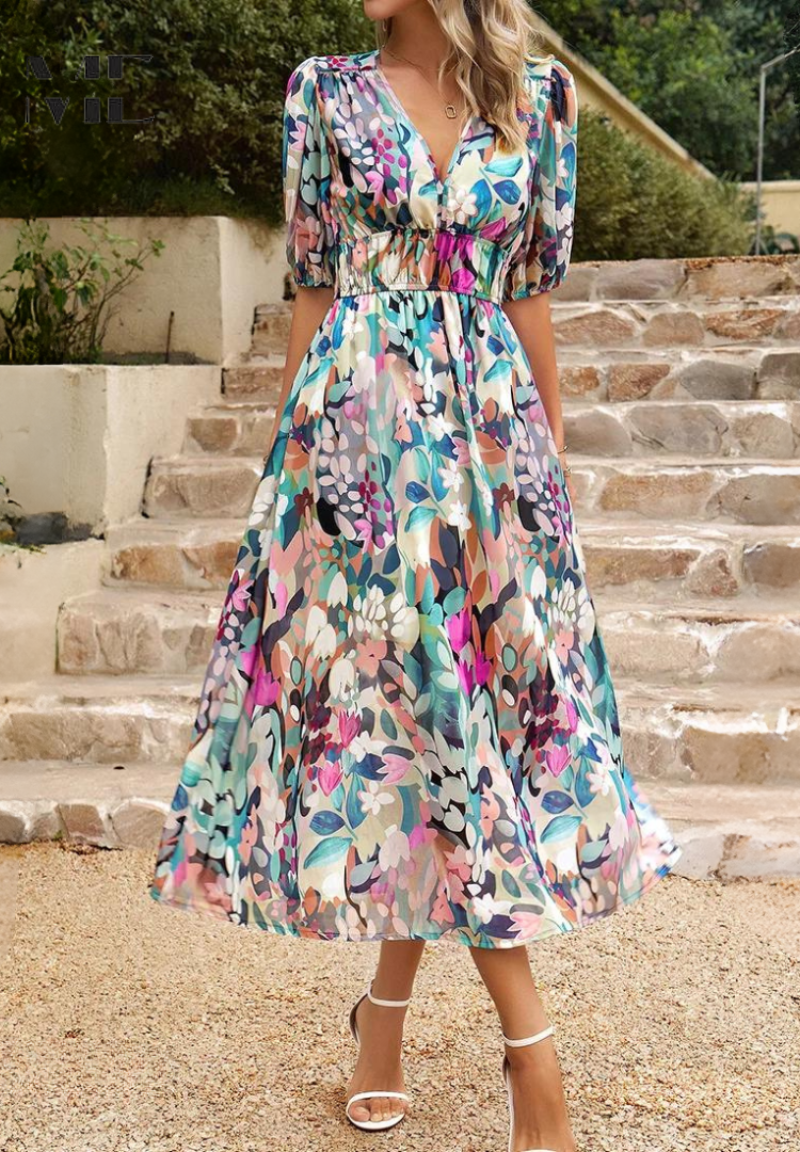 Elegant Floral Midi Dress with Puff Sleeves 3