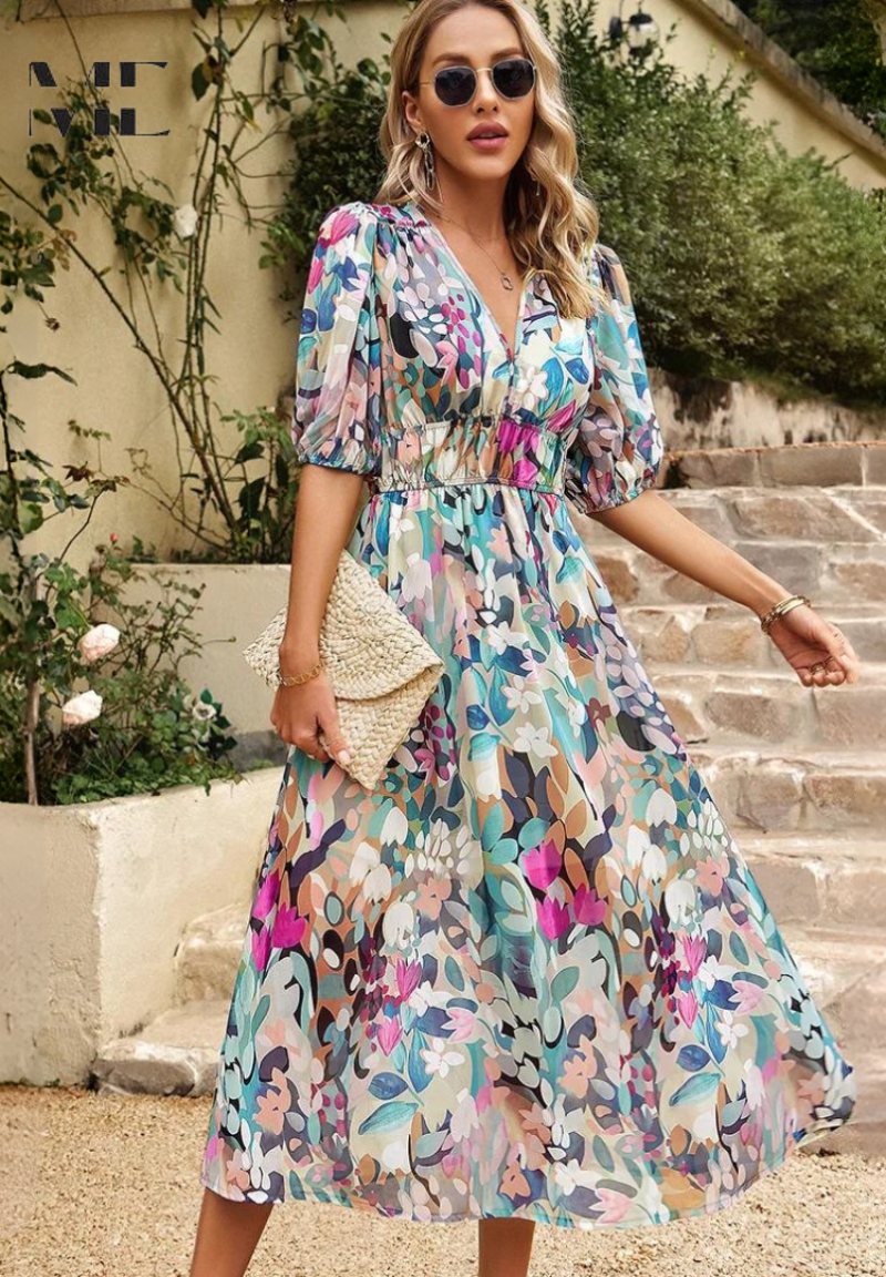 Elegant Floral Midi Dress with Puff Sleeves 4