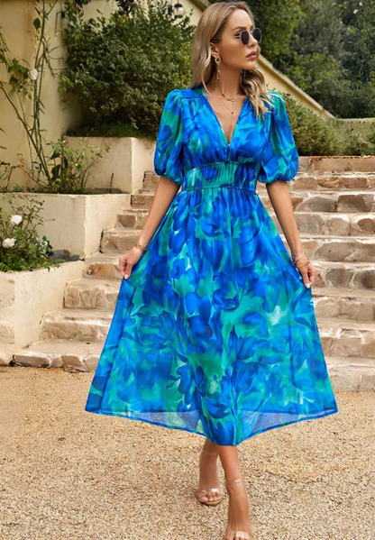 Elegant Floral Midi Dress with Puff Sleeves 5
