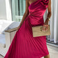 Elegant Shoulder Pleated Formal Midi Dress 0