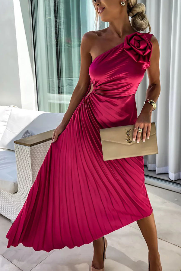 Elegant Shoulder Pleated Formal Midi Dress 0