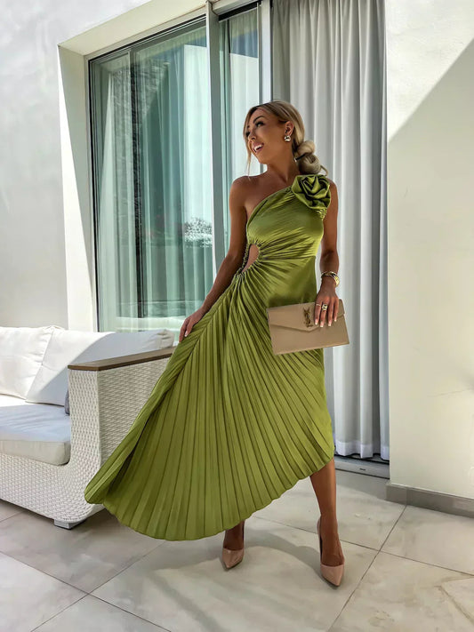Elegant Shoulder Pleated Formal Midi Dress 1
