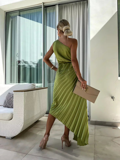 Elegant Shoulder Pleated Formal Midi Dress 3