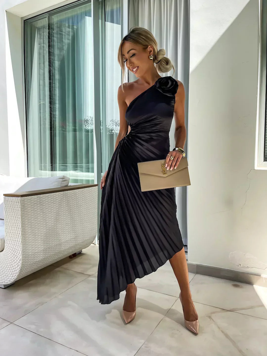 Elegant Shoulder Pleated Formal Midi Dress 4