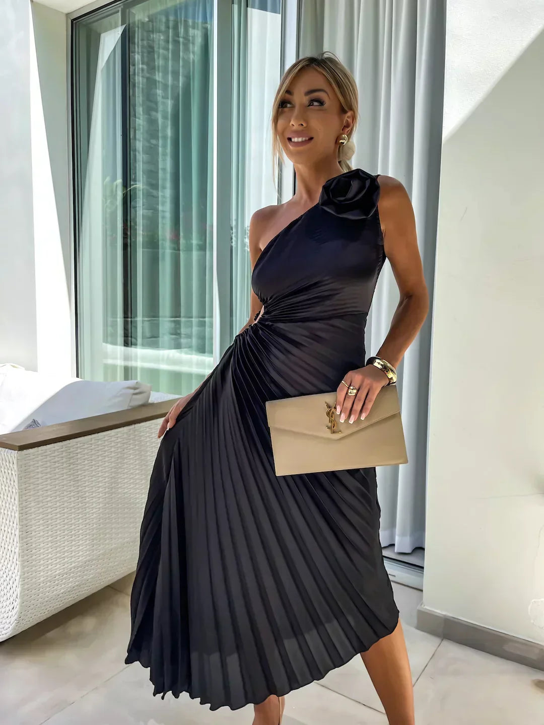 Elegant Shoulder Pleated Formal Midi Dress 5