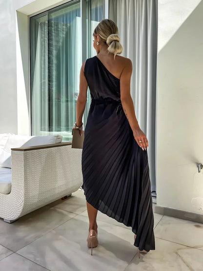 Elegant Shoulder Pleated Formal Midi Dress 6