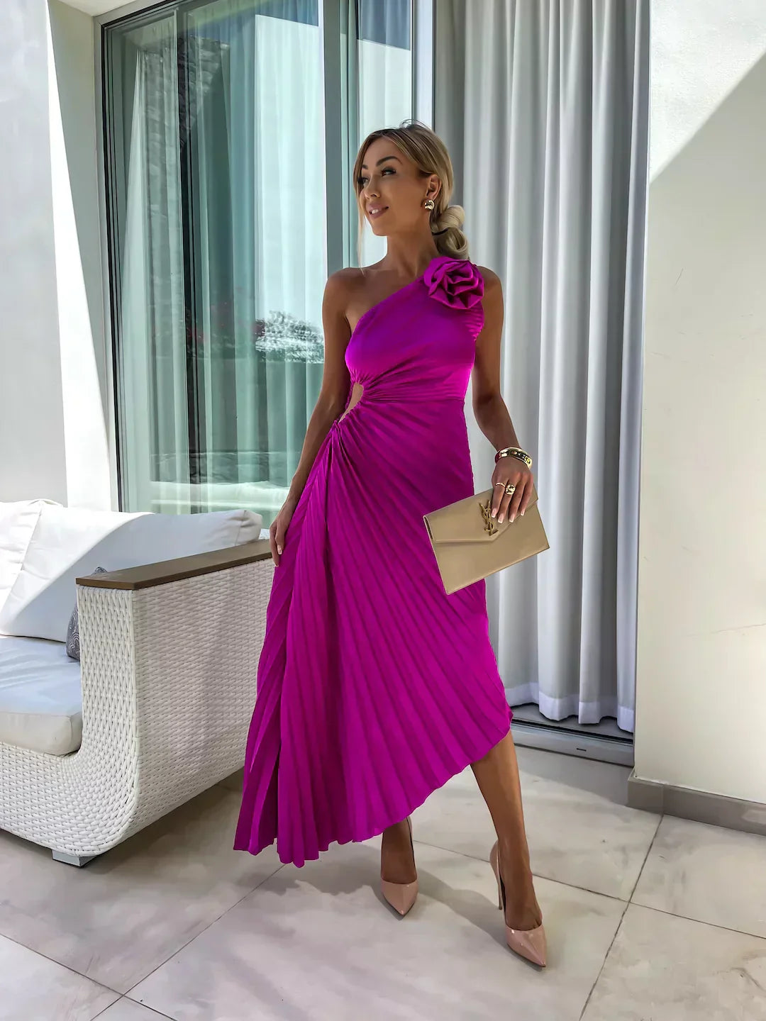 Elegant Shoulder Pleated Formal Midi Dress 7