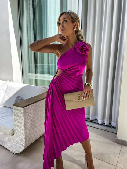 Elegant Shoulder Pleated Formal Midi Dress 8