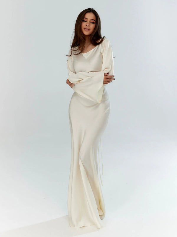 Ivory Satin Long Sleeve Wedding Guest Maxi Dress