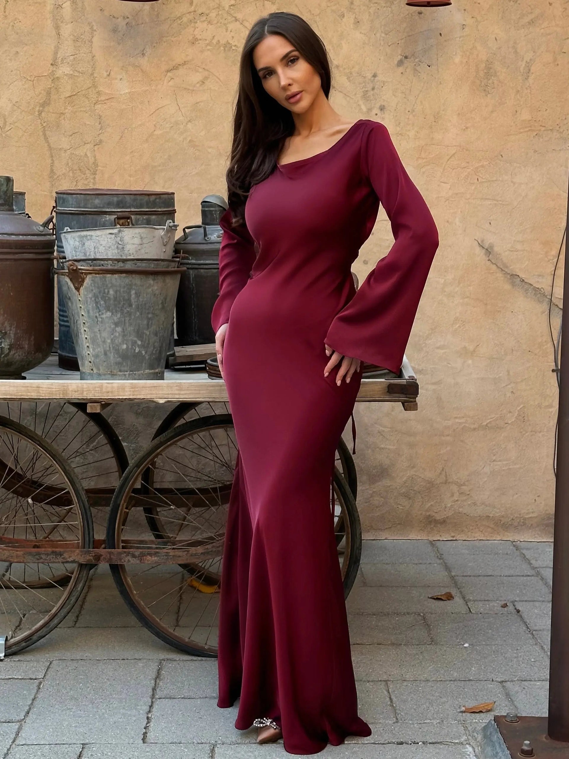 long sleeve maxi wedding guest dresses Ivory Satin Long Sleeve Wedding Guest Maxi Dress — Vicancio
