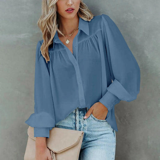 Elegant Women's Shirt Autumn Casual Turn-down Collar Long Sleeve Button  Top Pleated Loose Shirt Women's Blouse New Clothes 0