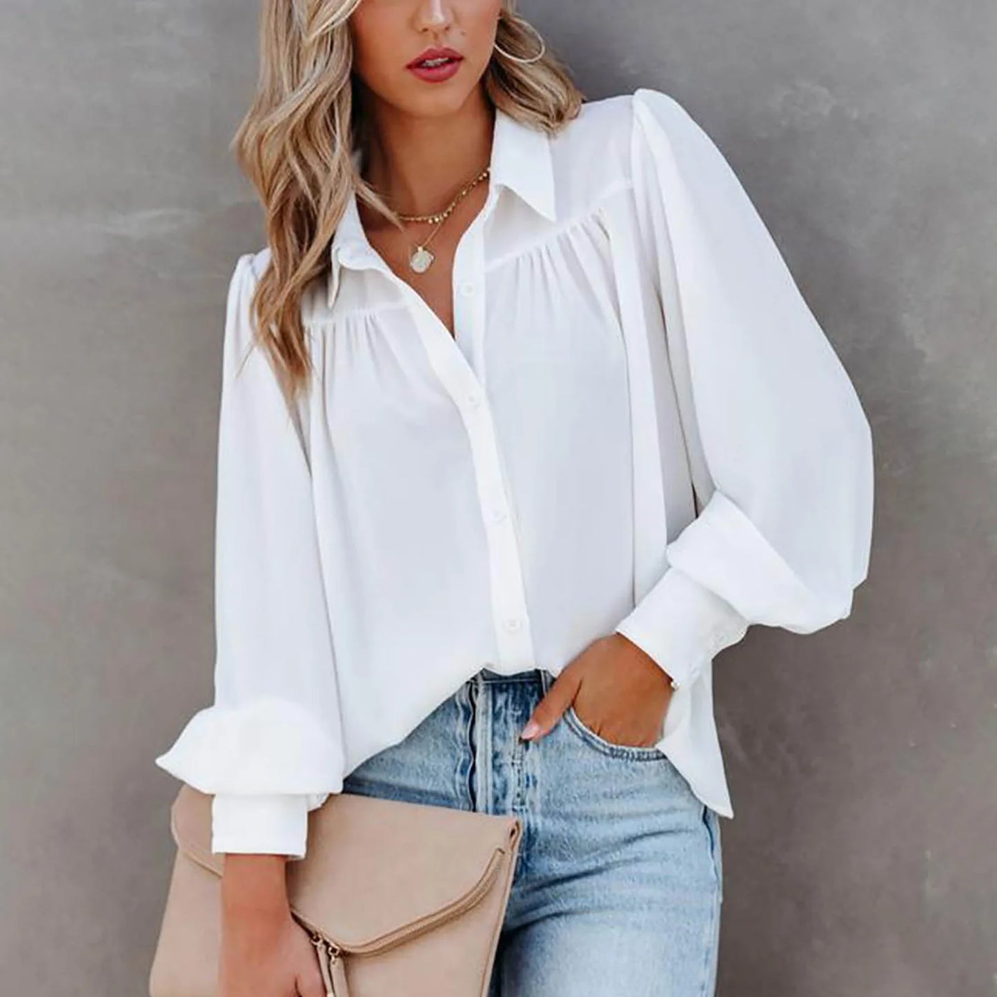 Elegant Women's Shirt Autumn Casual Turn-down Collar Long Sleeve Button  Top Pleated Loose Shirt Women's Blouse New Clothes 1
