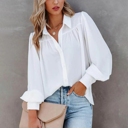 Elegant Women's Shirt Autumn Casual Turn-down Collar Long Sleeve Button  Top Pleated Loose Shirt Women's Blouse New Clothes 1