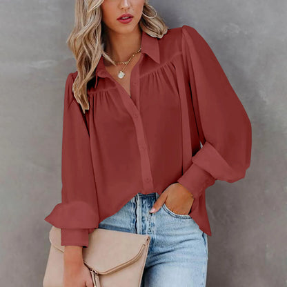 Elegant Women's Shirt Autumn Casual Turn-down Collar Long Sleeve Button  Top Pleated Loose Shirt Women's Blouse New Clothes 2