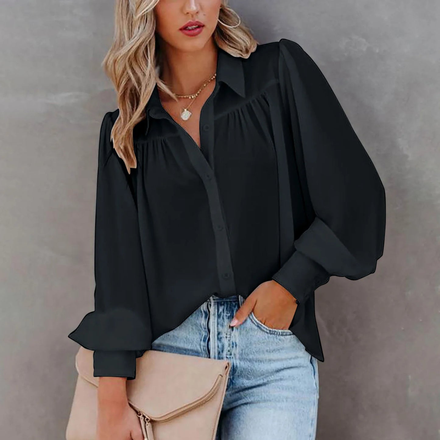 Elegant Women's Shirt Autumn Casual Turn-down Collar Long Sleeve Button  Top Pleated Loose Shirt Women's Blouse New Clothes 3