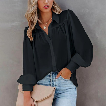 Elegant Women's Shirt Autumn Casual Turn-down Collar Long Sleeve Button  Top Pleated Loose Shirt Women's Blouse New Clothes 3
