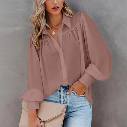 Elegant Women's Shirt Autumn Casual Turn-down Collar Long Sleeve Button  Top Pleated Loose Shirt Women's Blouse New Clothes 4