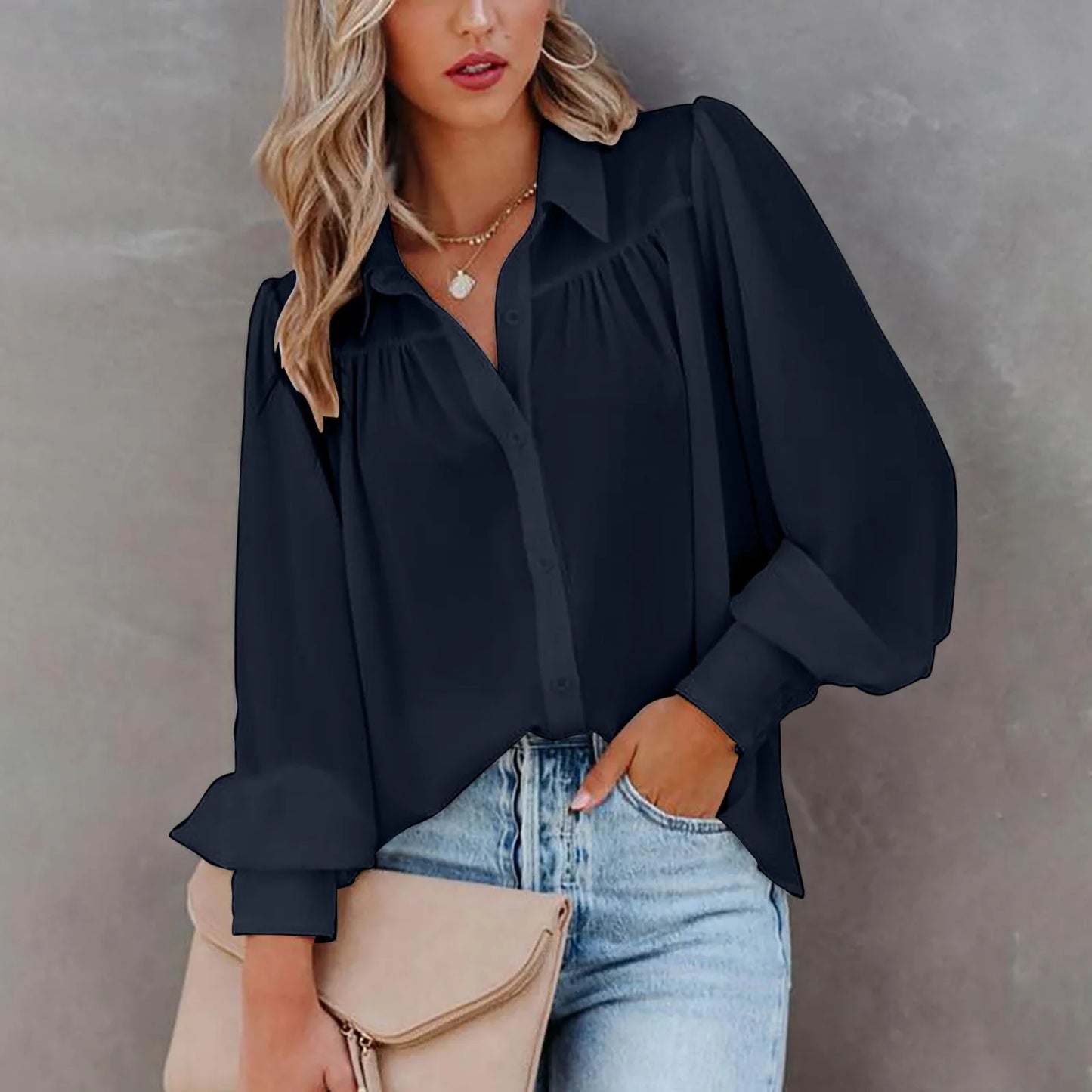 Elegant Women's Shirt Autumn Casual Turn-down Collar Long Sleeve Button  Top Pleated Loose Shirt Women's Blouse New Clothes 5