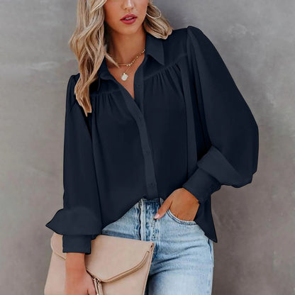 Elegant Women's Shirt Autumn Casual Turn-down Collar Long Sleeve Button  Top Pleated Loose Shirt Women's Blouse New Clothes 5