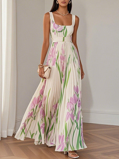 Ella | A-Line Pleated Maxi Dress Square Neck Sleeveless Chiffon 0