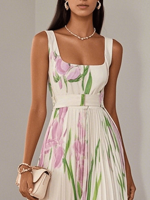 Ella | A-Line Pleated Maxi Dress Square Neck Sleeveless Chiffon 1