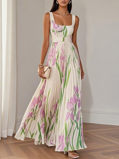 Ella | A-Line Pleated Maxi Dress Square Neck Sleeveless Chiffon 3