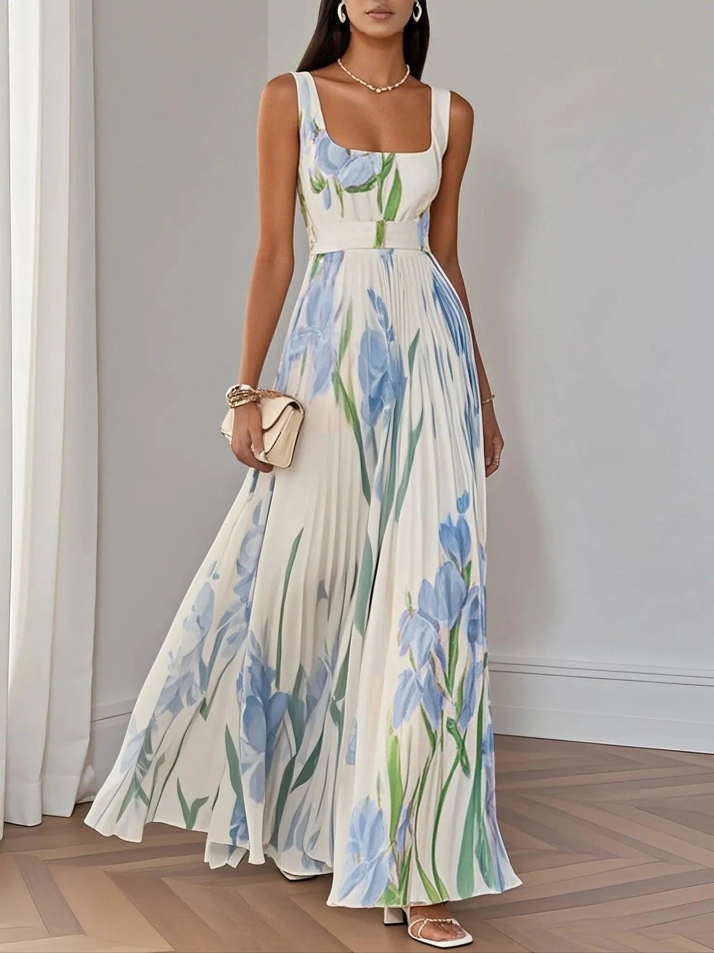 Ella | A-Line Pleated Maxi Dress Square Neck Sleeveless Chiffon 4