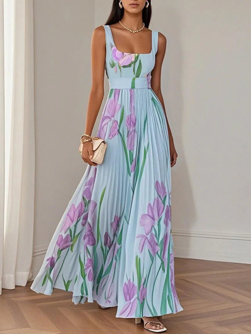 Ella | A-Line Pleated Maxi Dress Square Neck Sleeveless Chiffon 5