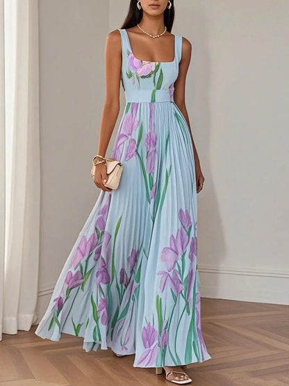 Ella | A-Line Pleated Maxi Dress Square Neck Sleeveless Chiffon 5
