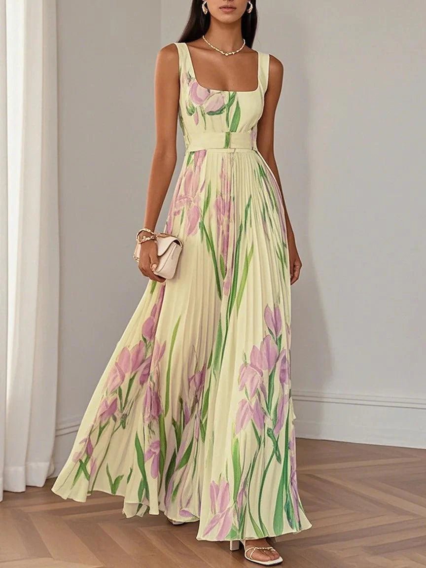 Ella | A-Line Pleated Maxi Dress Square Neck Sleeveless Chiffon 6