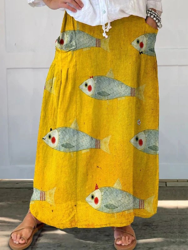 Elli™ | Vintage Fish Art Print Pocket Skirt 0