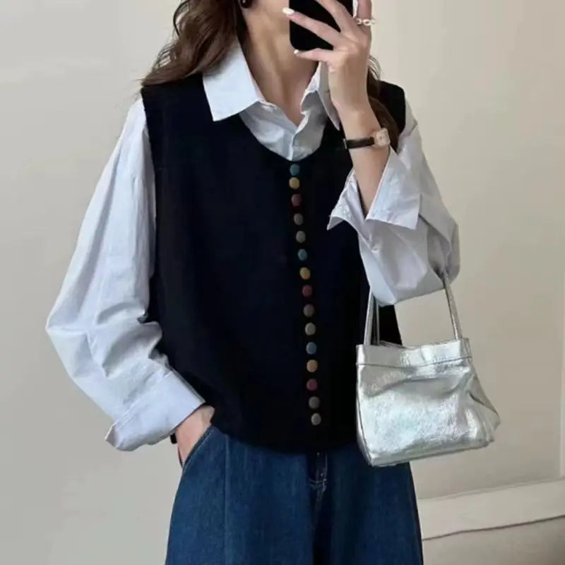 Fashion Colorful Button Knit Sweater Vest Women Spring Autumn New Casual Layering Sweater Woman Retro Gray Sleeveless Vest Top 2