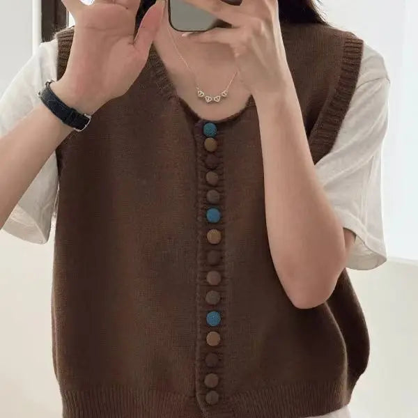 Fashion Colorful Button Knit Sweater Vest Women Spring Autumn New Casual Layering Sweater Woman Retro Gray Sleeveless Vest Top 4