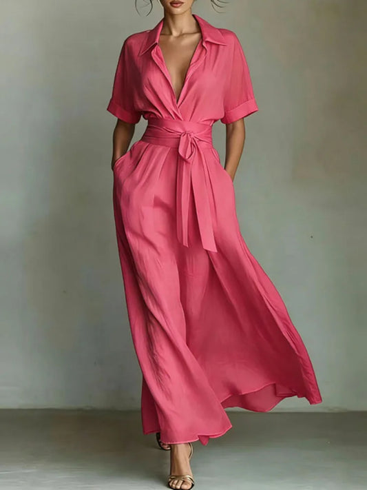Fashion French Belted Waist Long Dress Women Casual Half Sleeve Solid Party Dresses Elegant Turn-down Collar Pockets Robe Dress 0