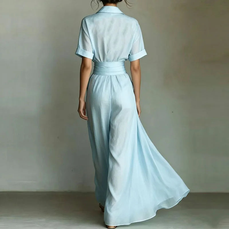 Fashion French Belted Waist Long Dress Women Casual Half Sleeve Solid Party Dresses Elegant Turn-down Collar Pockets Robe Dress 2