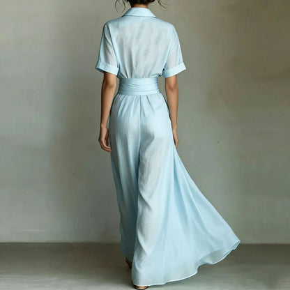 Fashion French Belted Waist Long Dress Women Casual Half Sleeve Solid Party Dresses Elegant Turn-down Collar Pockets Robe Dress 2