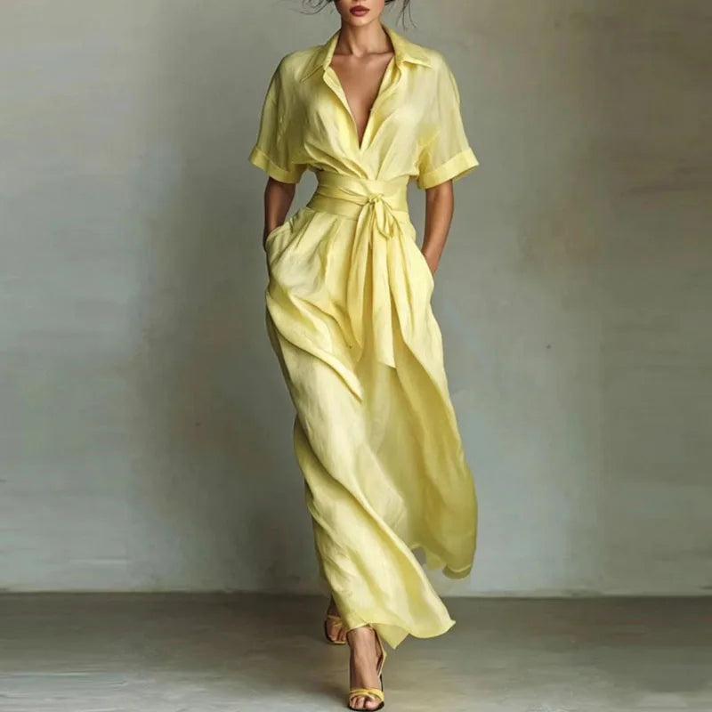 Fashion French Belted Waist Long Dress Women Casual Half Sleeve Solid Party Dresses Elegant Turn-down Collar Pockets Robe Dress 3