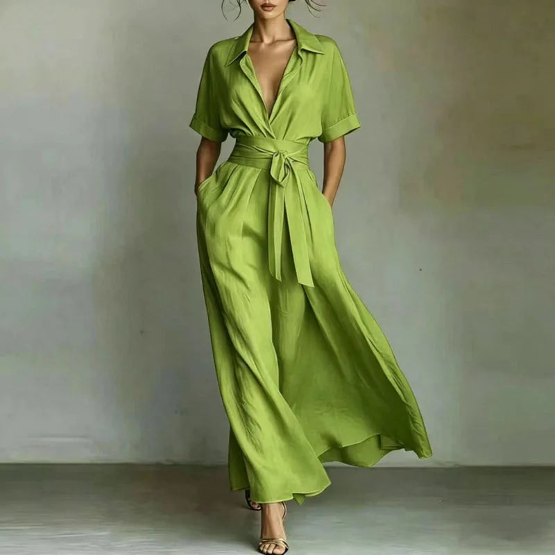 Fashion French Belted Waist Long Dress Women Casual Half Sleeve Solid Party Dresses Elegant Turn-down Collar Pockets Robe Dress 4