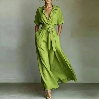 Fashion French Belted Waist Long Dress Women Casual Half Sleeve Solid Party Dresses Elegant Turn-down Collar Pockets Robe Dress 4