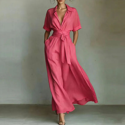 Fashion French Belted Waist Long Dress Women Casual Half Sleeve Solid Party Dresses Elegant Turn-down Collar Pockets Robe Dress 5