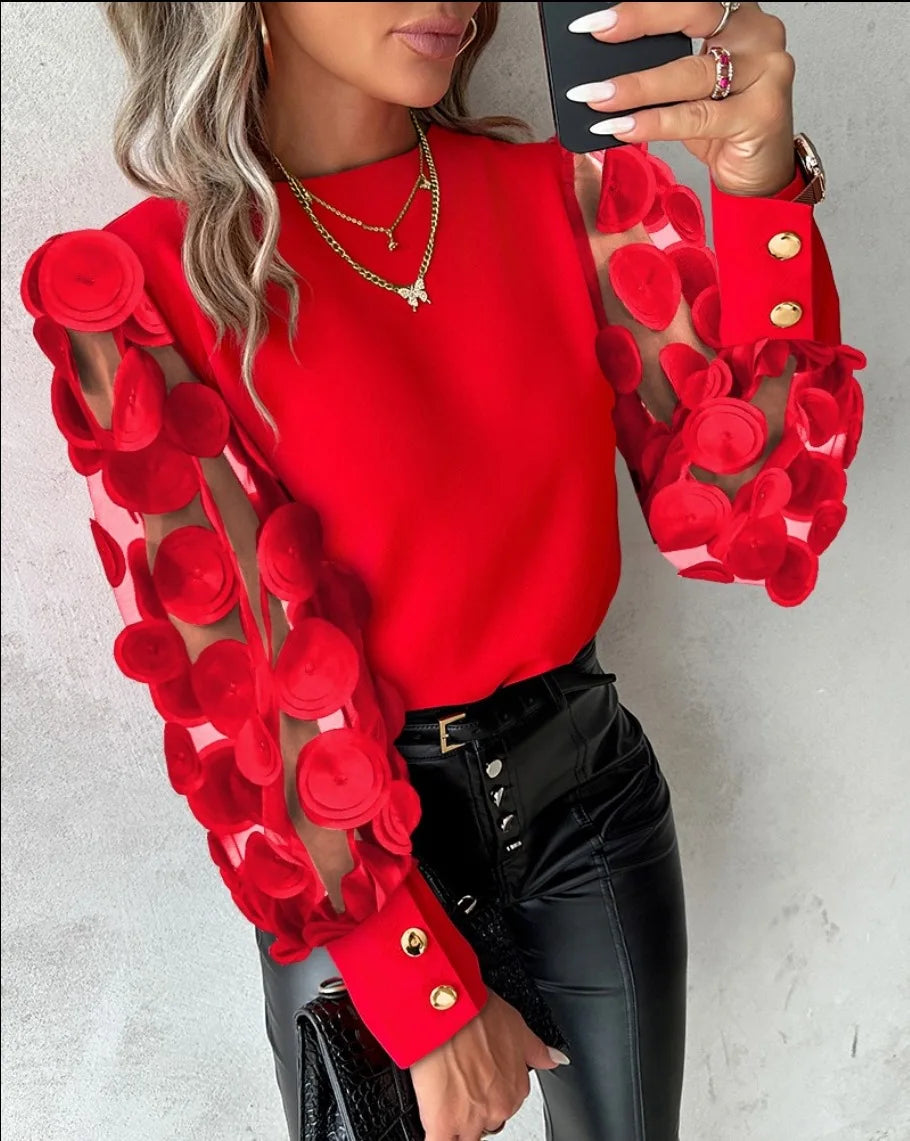 Fashion Lace Floral Tops Blouses Women 2024 Long Sleeve Elegant O-neck Loose Shirt Blouse Casual Shirts Spring Summer Ladies Top 2