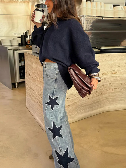 Fashion Women's Diamond Star Blue Jeans High Waist Pockets Zipper Wide Leg Denim Pant 2026 Spring Lady Street All-match Trouser 2