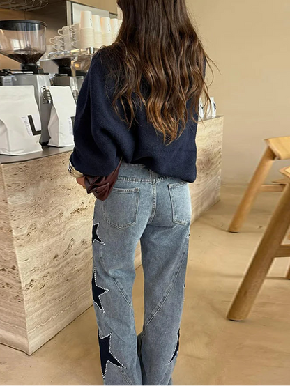 Fashion Women's Diamond Star Blue Jeans High Waist Pockets Zipper Wide Leg Denim Pant 2026 Spring Lady Street All-match Trouser 4