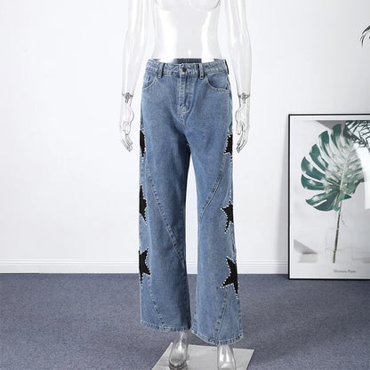 Fashion Women's Diamond Star Blue Jeans High Waist Pockets Zipper Wide Leg Denim Pant 2026 Spring Lady Street All-match Trouser 7